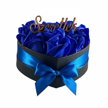 Szappanrózsa szívbox, fekete rózsadoboz - kék-S