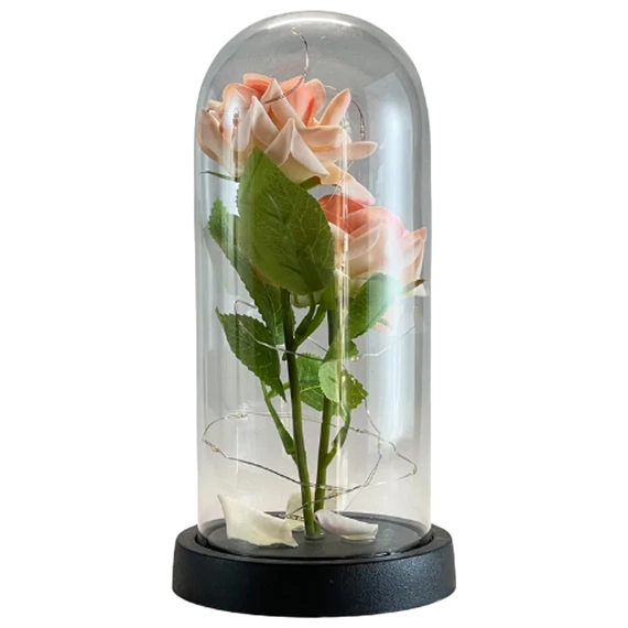 Rózsa üvegburában ledes 11x21 cm-barack