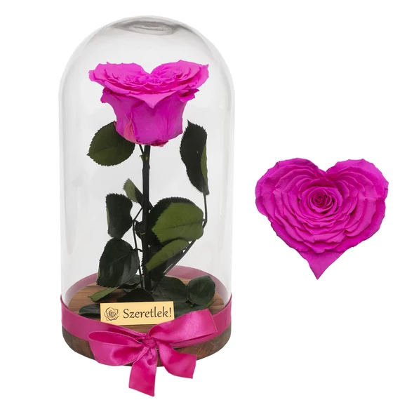 Szív alakú örökrózsa búrában - pink